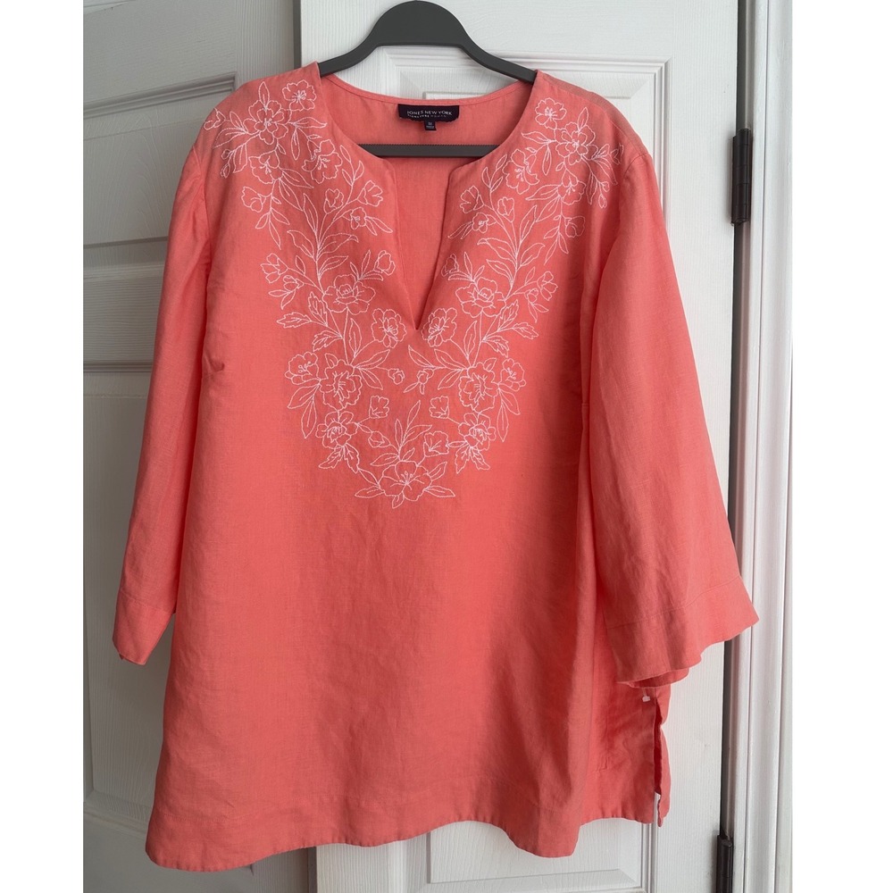 Jones New York Coral Pink Linen Blend Floral Embroidered V-Neck Tunic Top XL